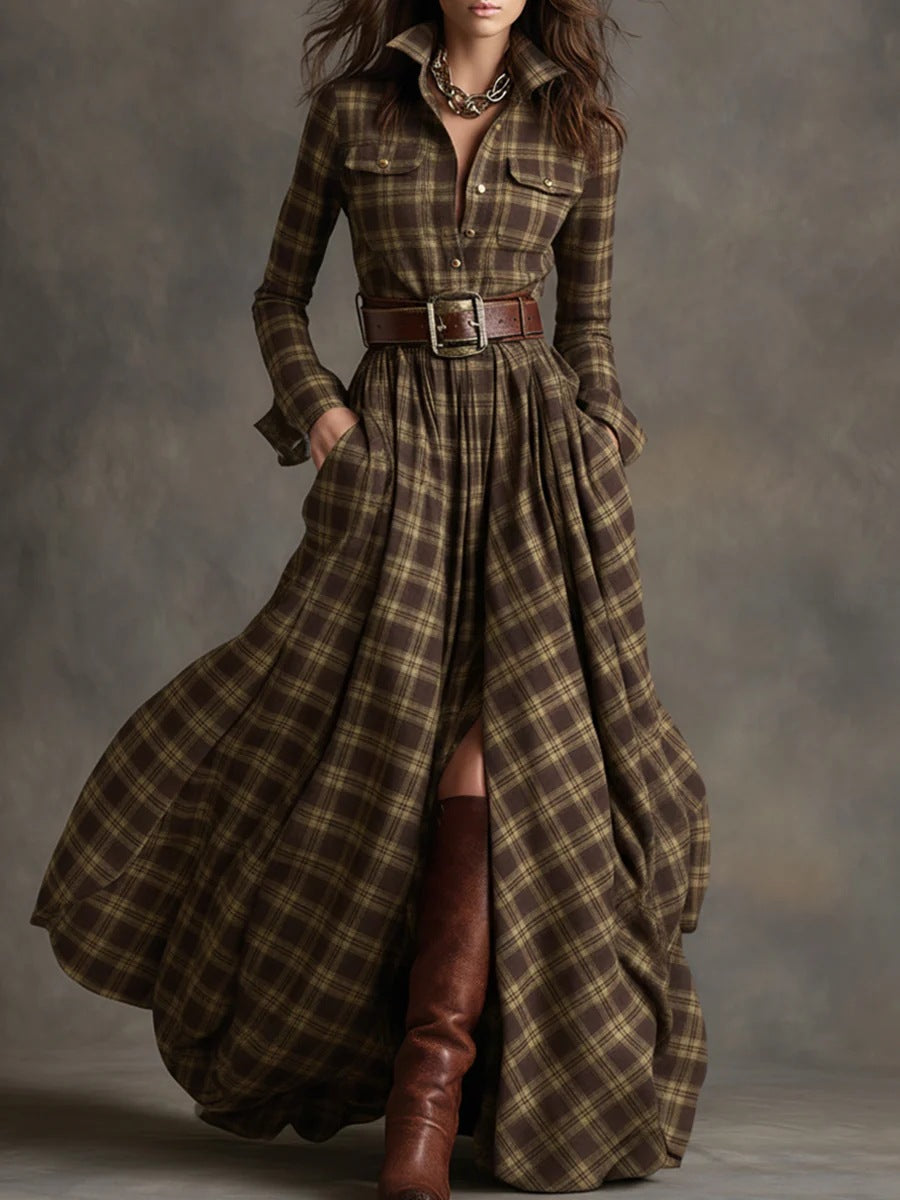Layrix Heritage Plaid Belted Maxi Dress