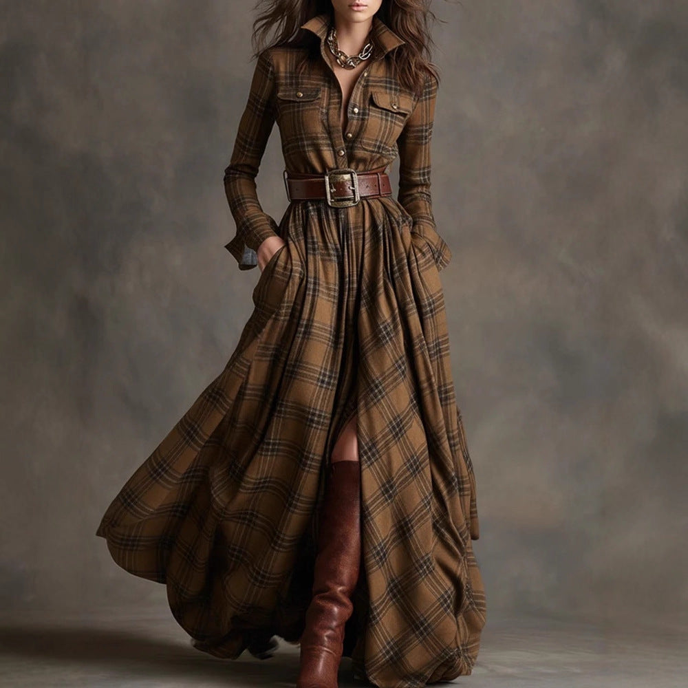 Layrix Heritage Plaid Belted Maxi Dress