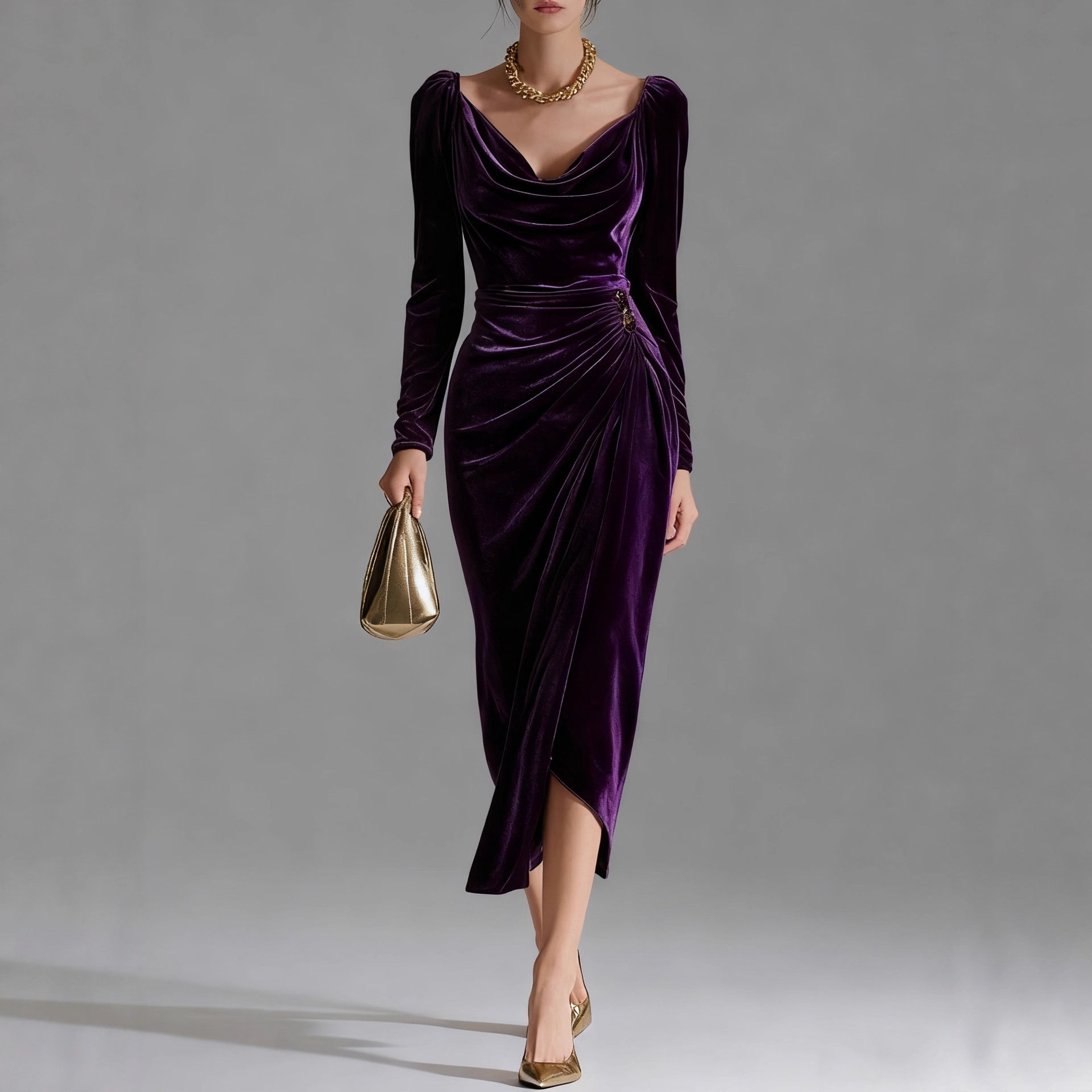 Layrix Luxe Velvet Draped Midi Dress