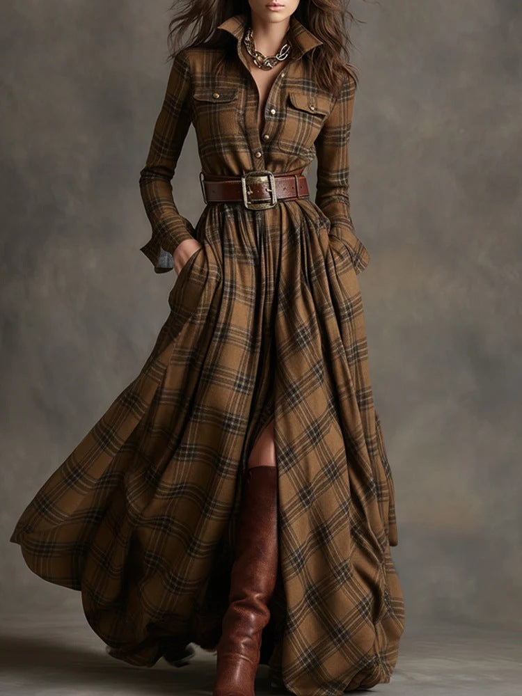 Layrix Heritage Plaid Belted Maxi Dress