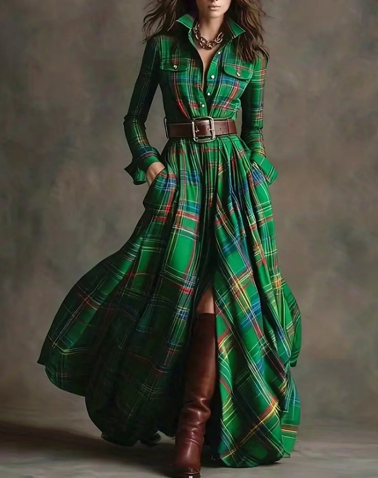Layrix Heritage Plaid Belted Maxi Dress