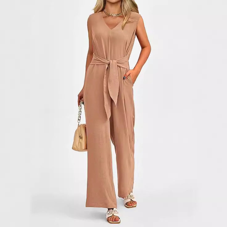 Layrix Tailored V Neck Belted Jumpsuit