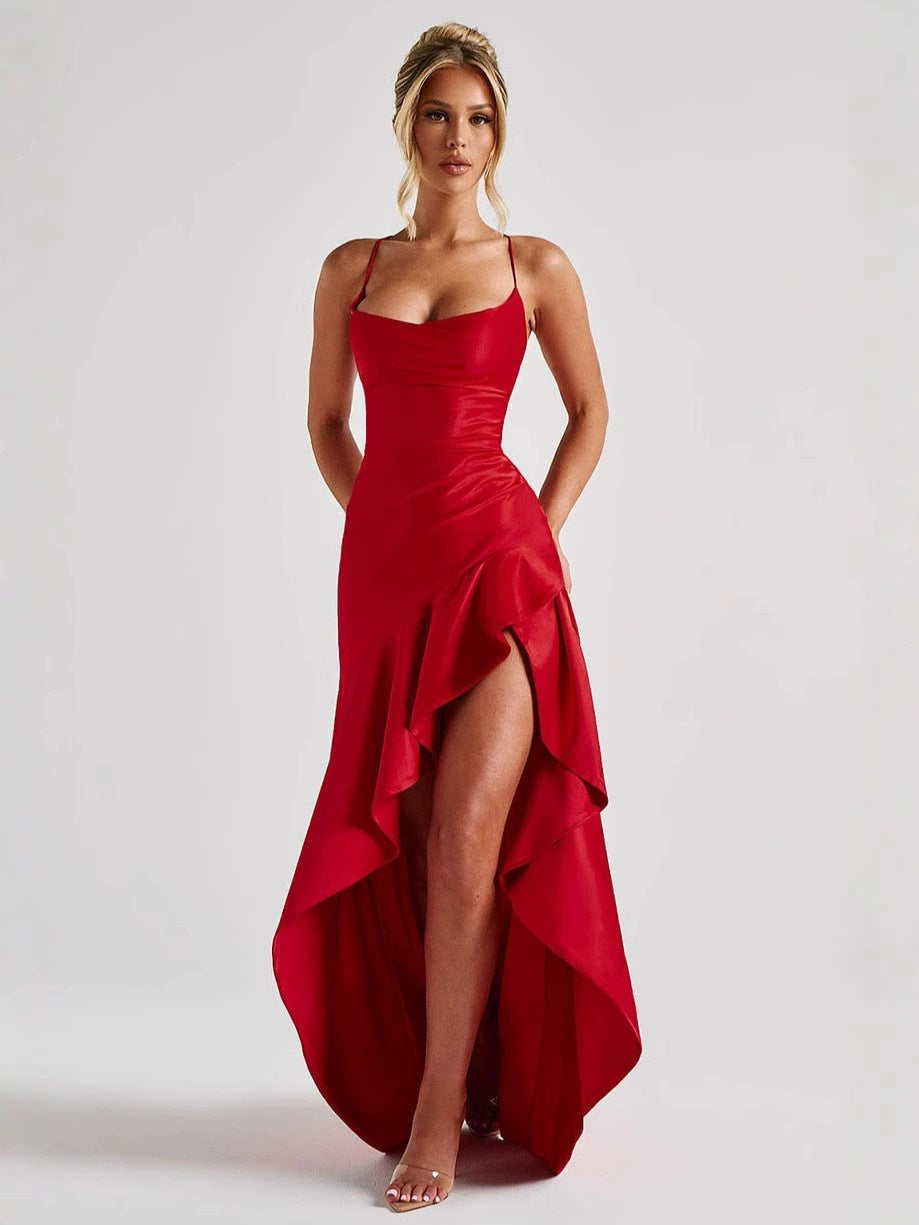 Layrix Midnight Satin Backless Evening Gown