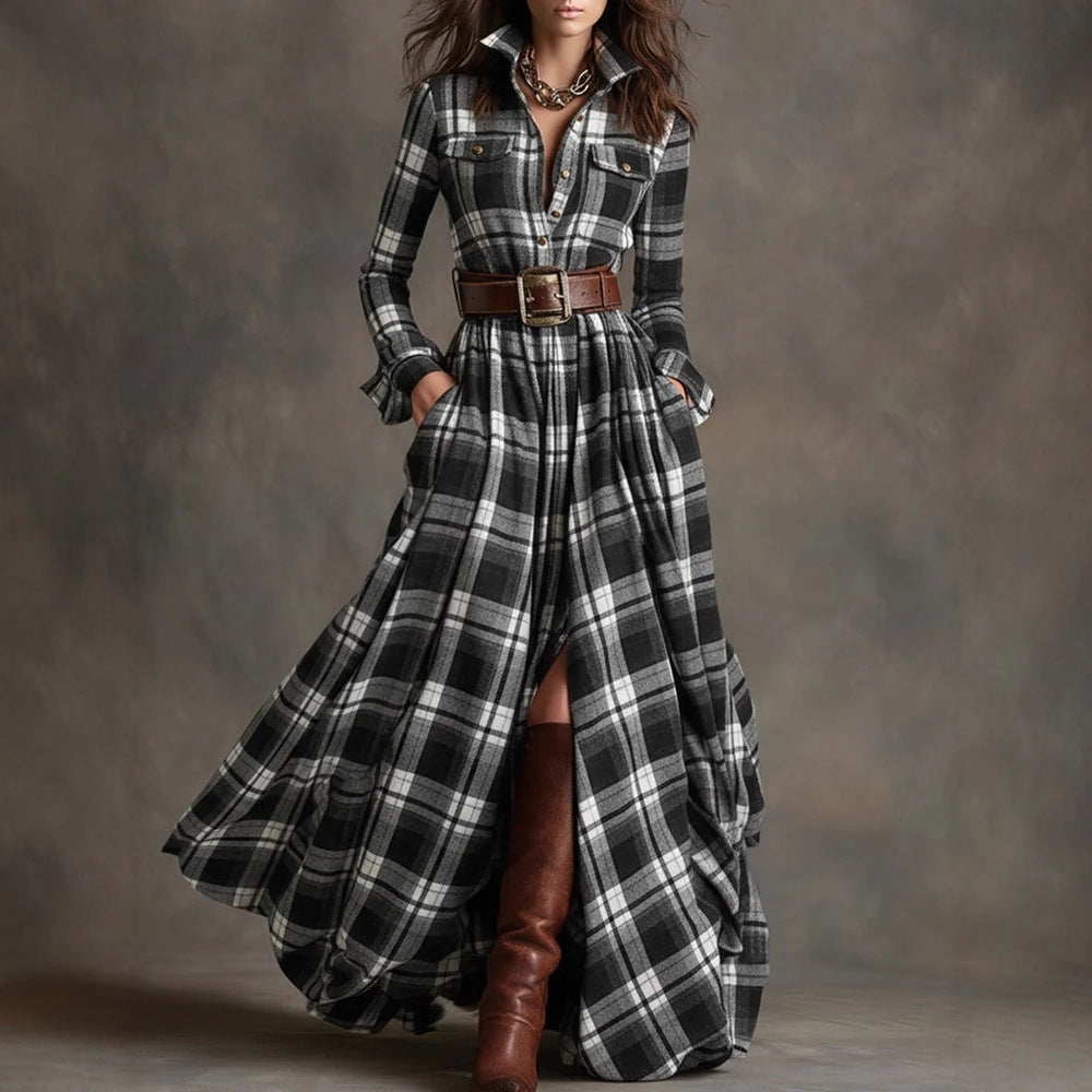 Layrix Heritage Plaid Belted Maxi Dress