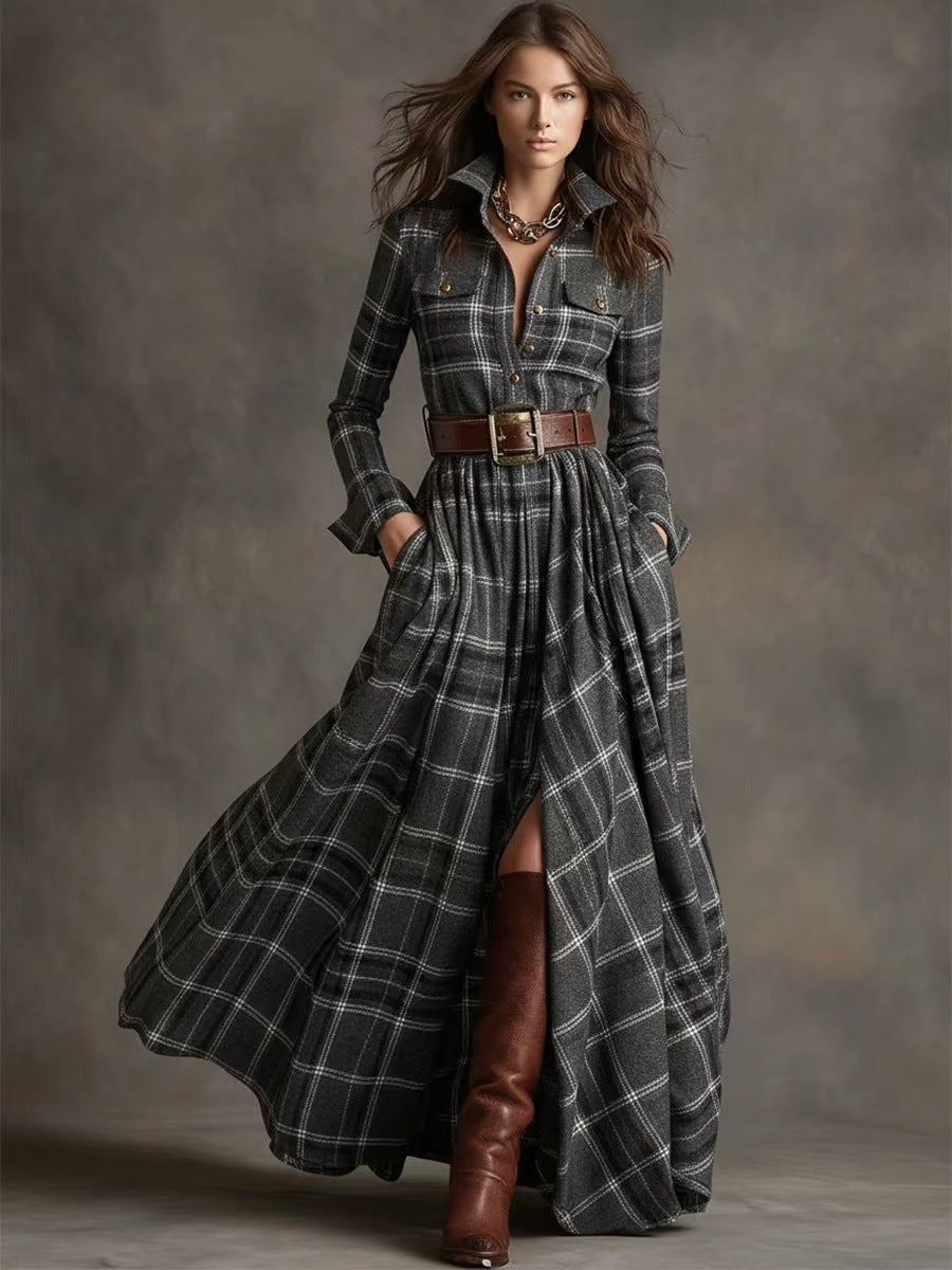 Layrix Heritage Plaid Belted Maxi Dress