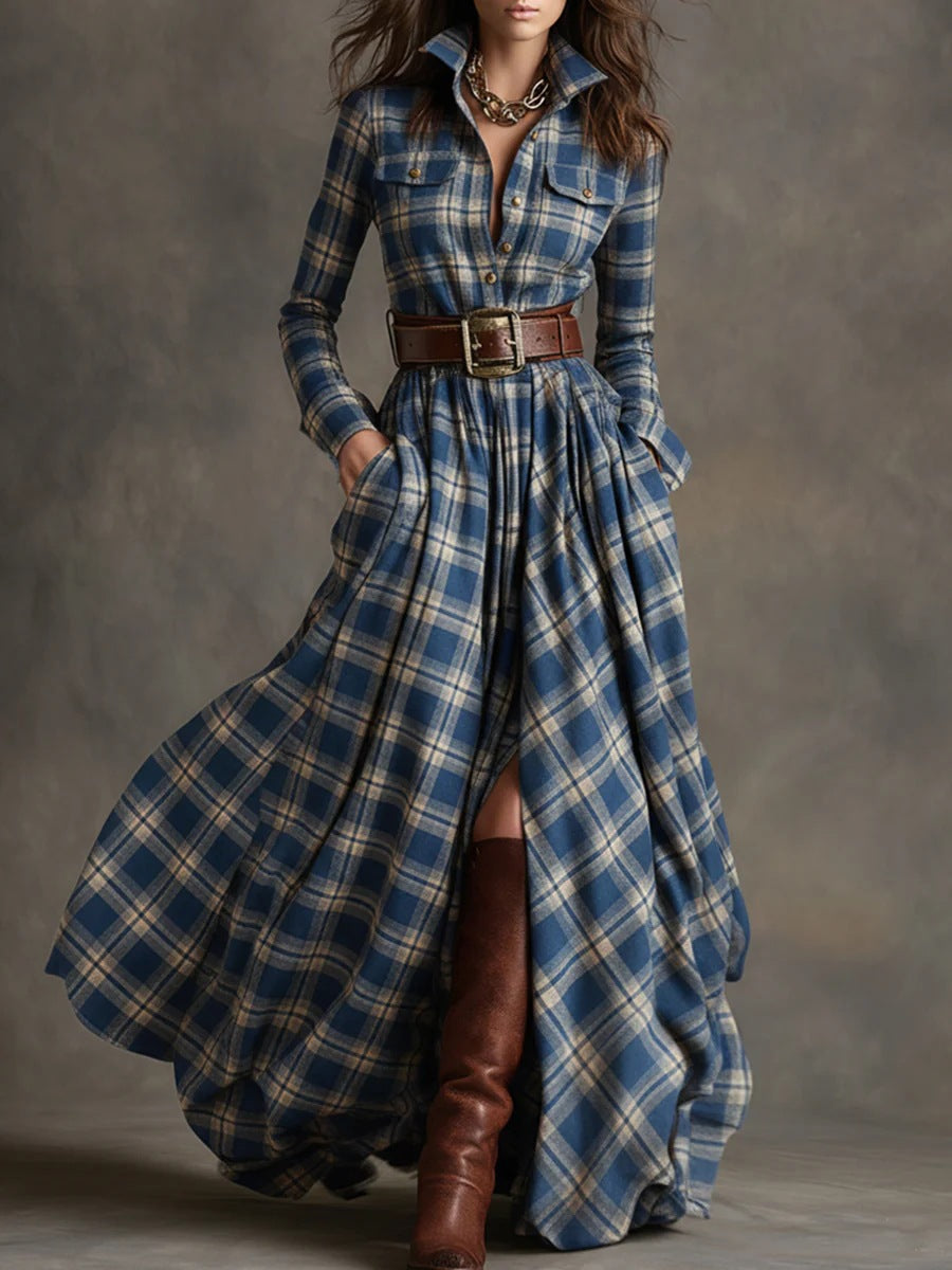Layrix Heritage Plaid Belted Maxi Dress