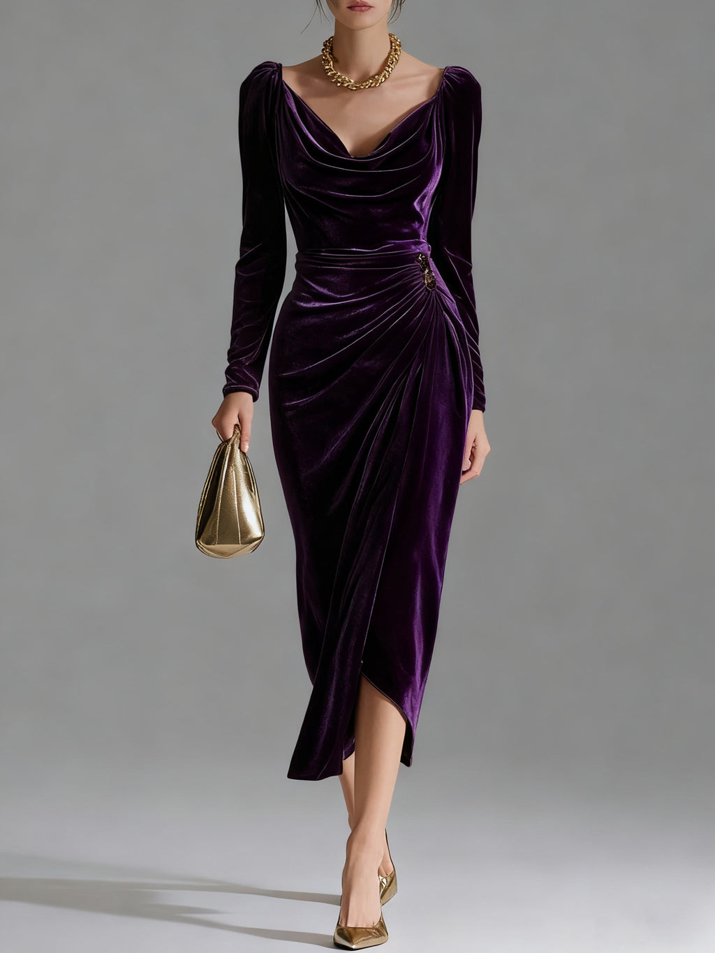 Layrix Luxe Velvet Draped Midi Dress