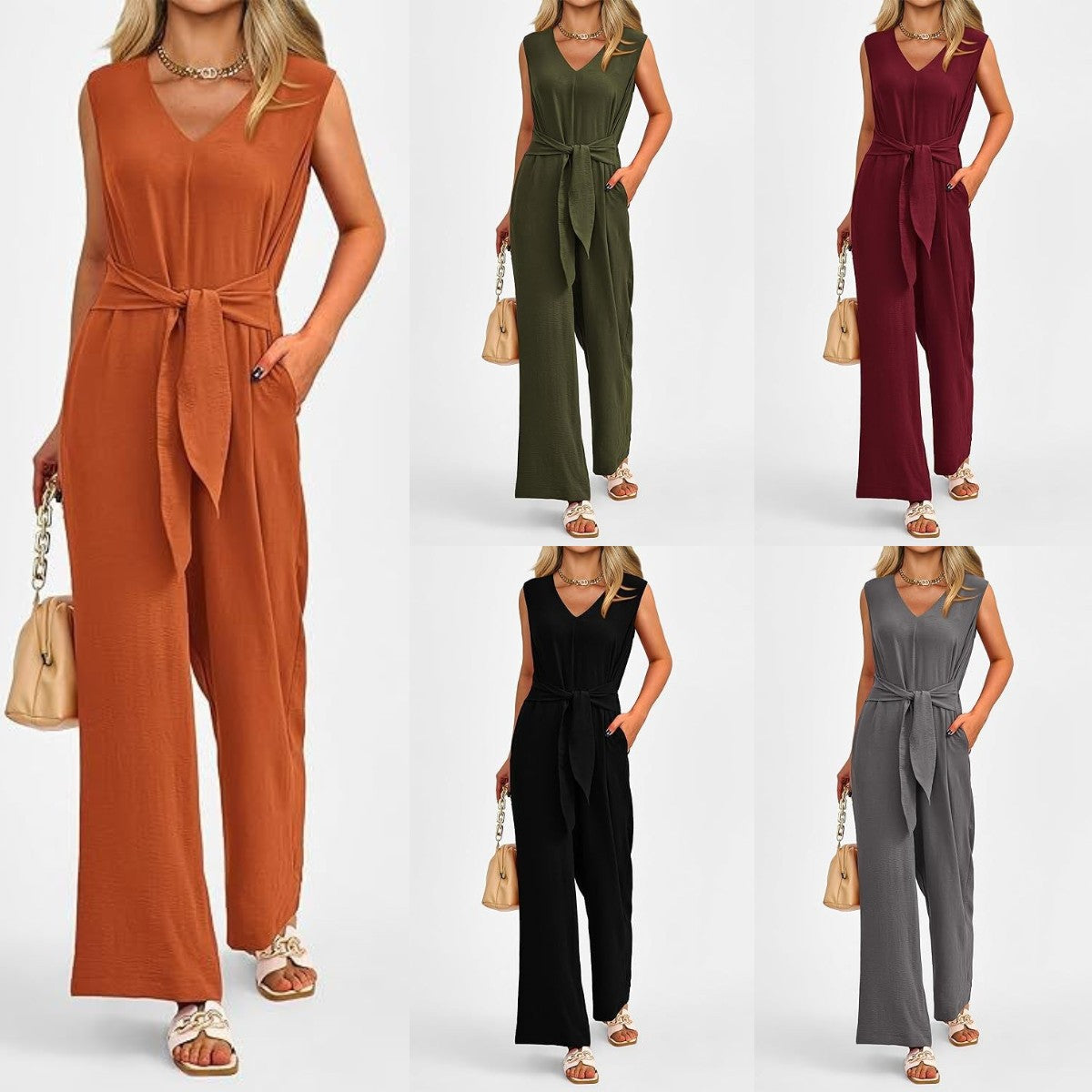 Layrix Tailored V Neck Belted Jumpsuit