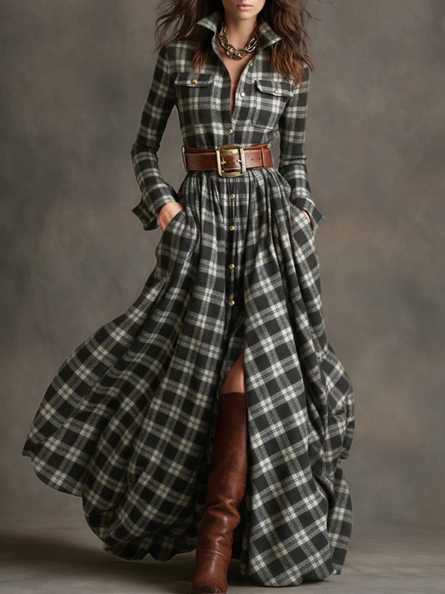 Layrix Heritage Plaid Belted Maxi Dress