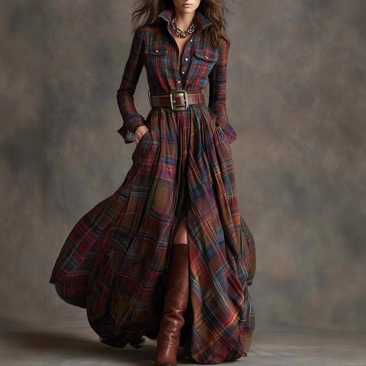 Layrix Heritage Plaid Belted Maxi Dress