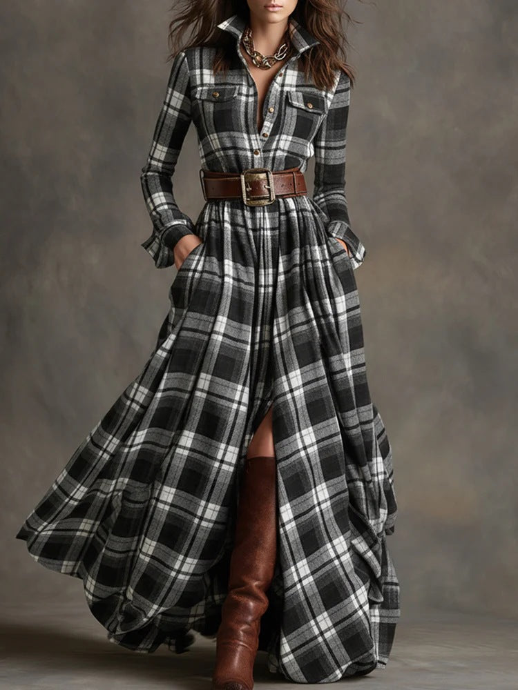 Layrix Heritage Plaid Belted Maxi Dress