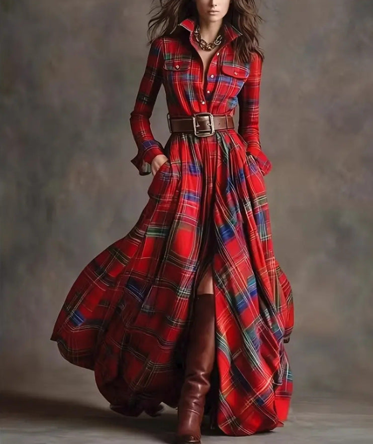 Layrix Heritage Plaid Belted Maxi Dress