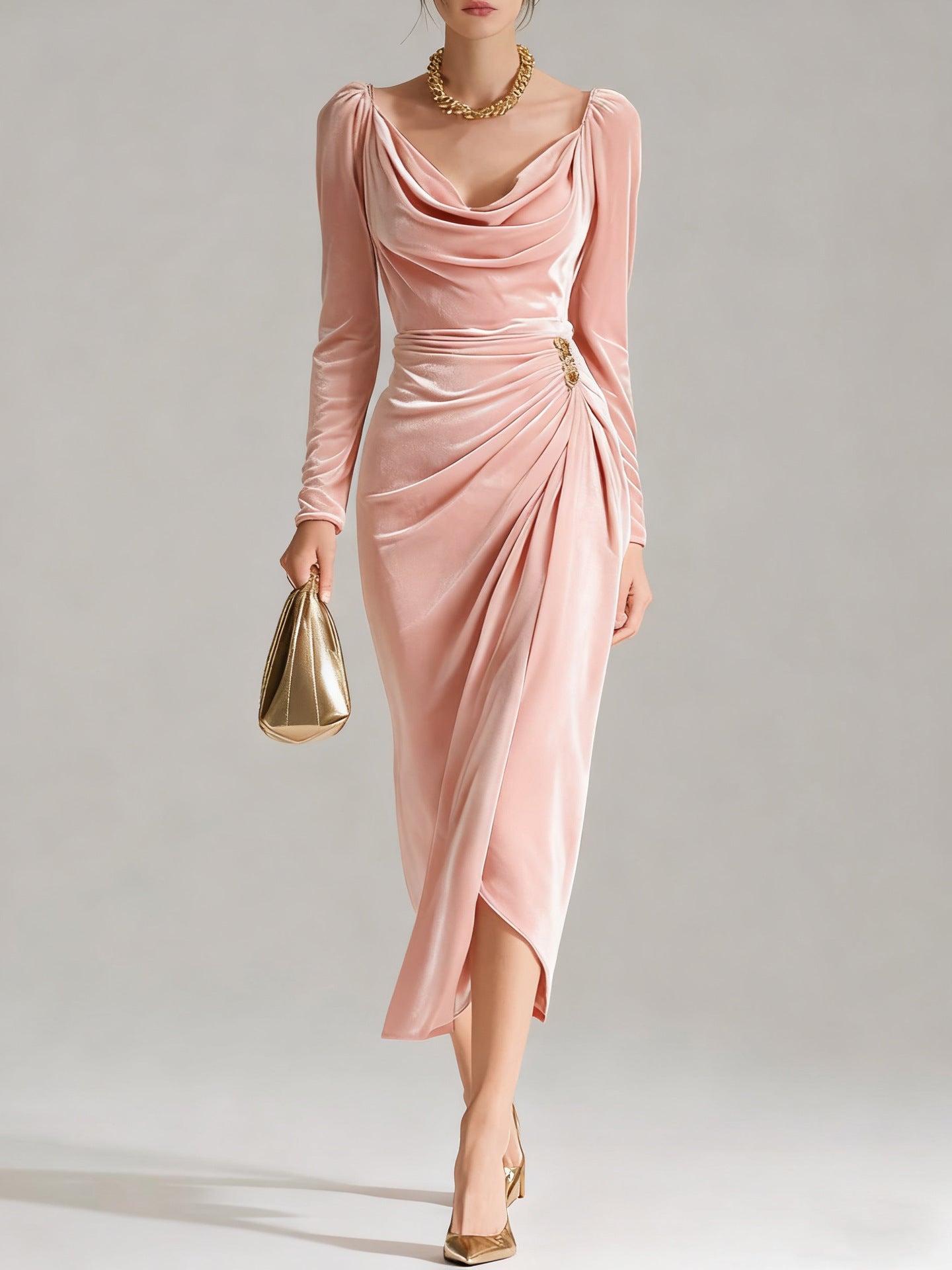 Layrix Luxe Velvet Draped Midi Dress