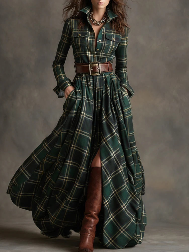 Layrix Heritage Plaid Belted Maxi Dress