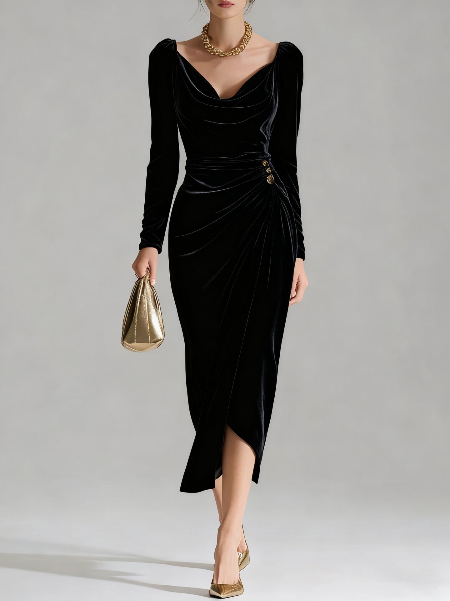 Layrix Luxe Velvet Draped Midi Dress