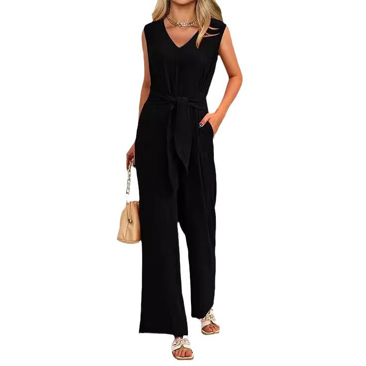 Layrix Tailored V Neck Belted Jumpsuit