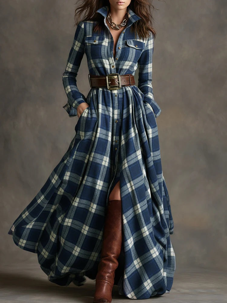 Layrix Heritage Plaid Belted Maxi Dress