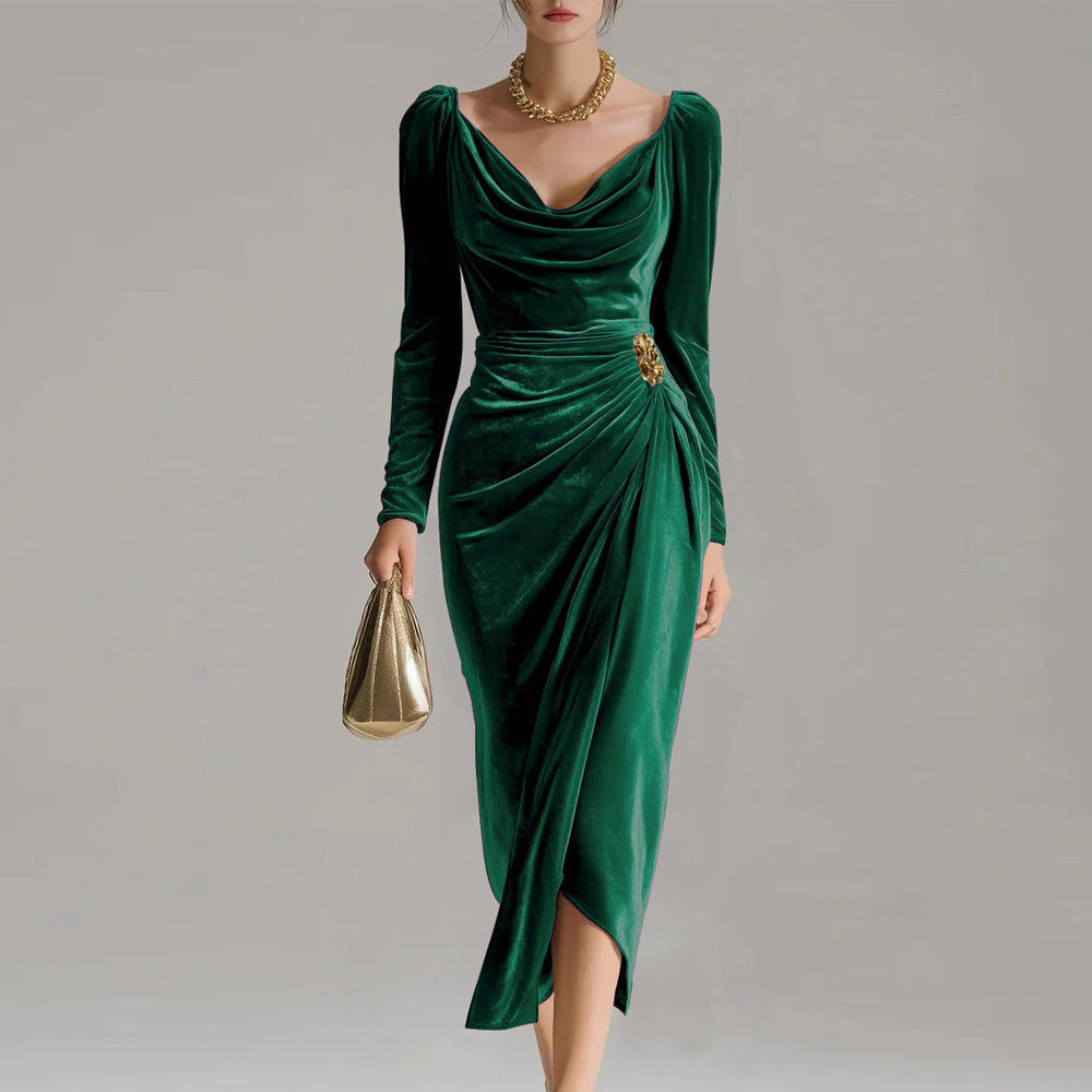 Layrix Luxe Velvet Draped Midi Dress