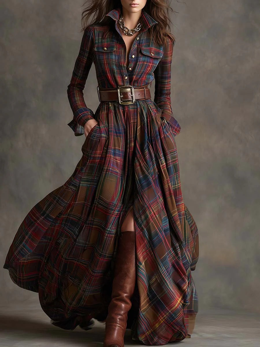 Layrix Heritage Plaid Belted Maxi Dress
